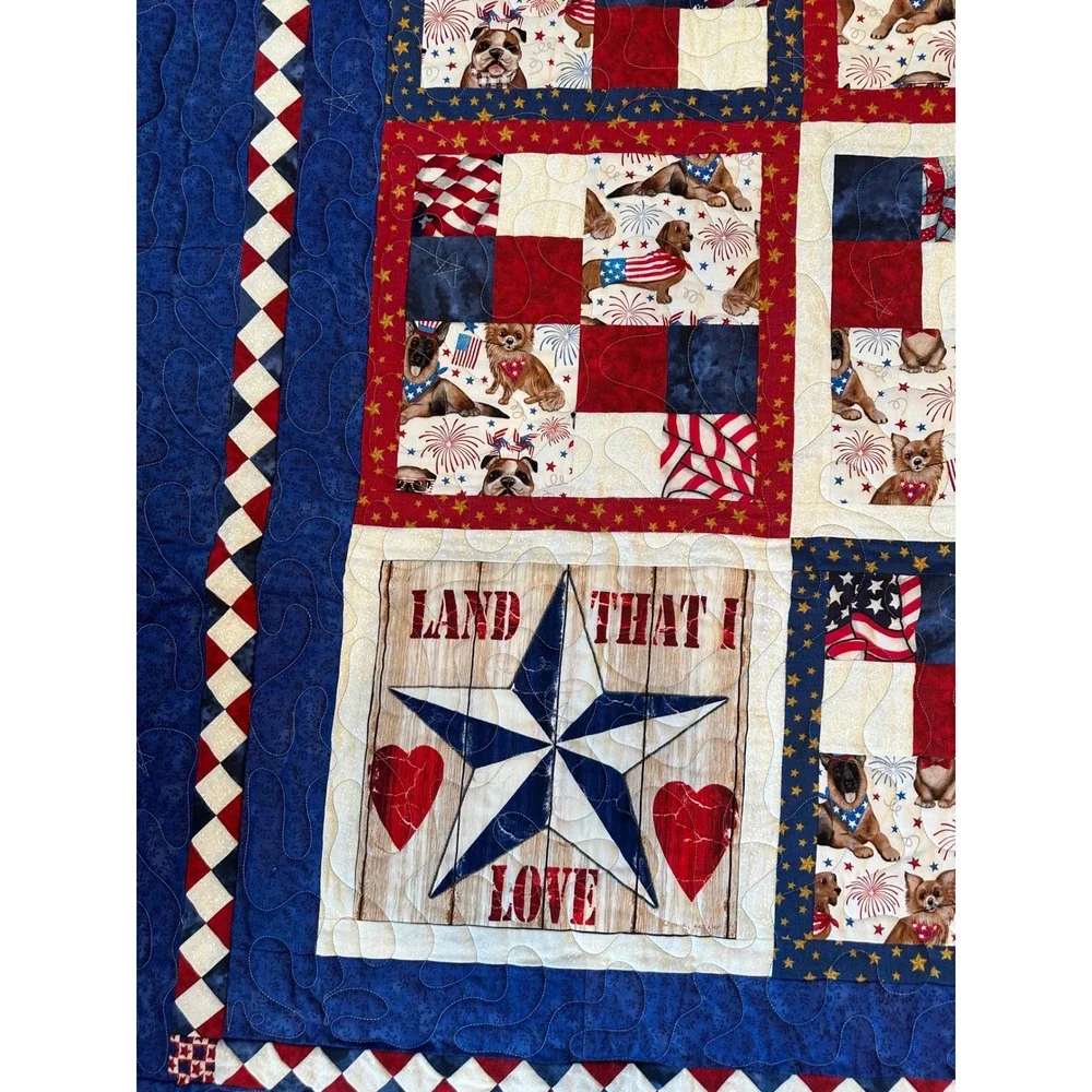 Patriotic American Dog Quilt‎ Red White Blue Stars Stripes 78x66 Throw Blanket